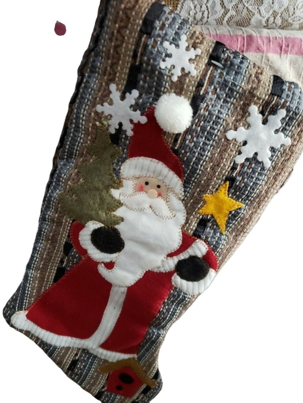Tapestry Fabric Christmas Stocking 18inx8in Applique Santa Claus Snowflakes
